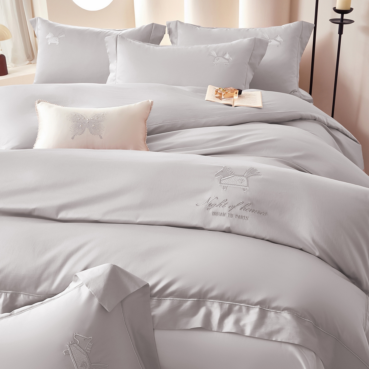 91家纺网 家纺一手货源 找家纺 蒂爵 2026新款高支数长绒棉纯棉刺绣四件套-马上有赚系列 高级灰