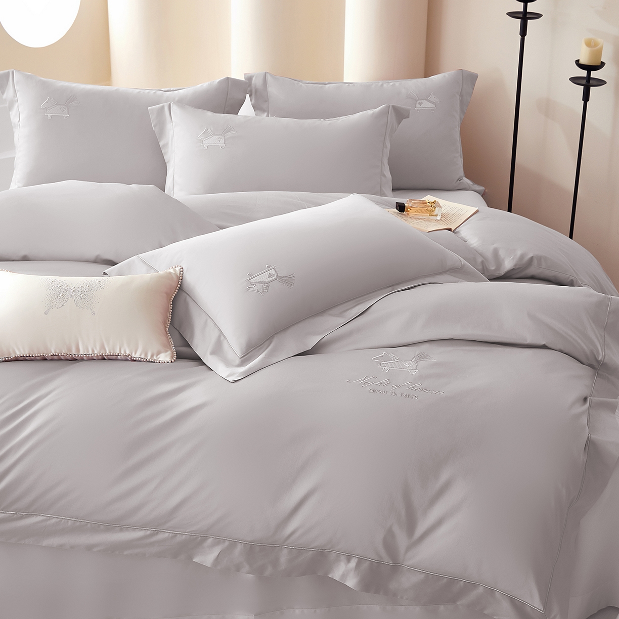 蒂爵 2026新款高支数长绒棉纯棉刺绣四件套-马上有赚系列 高级灰