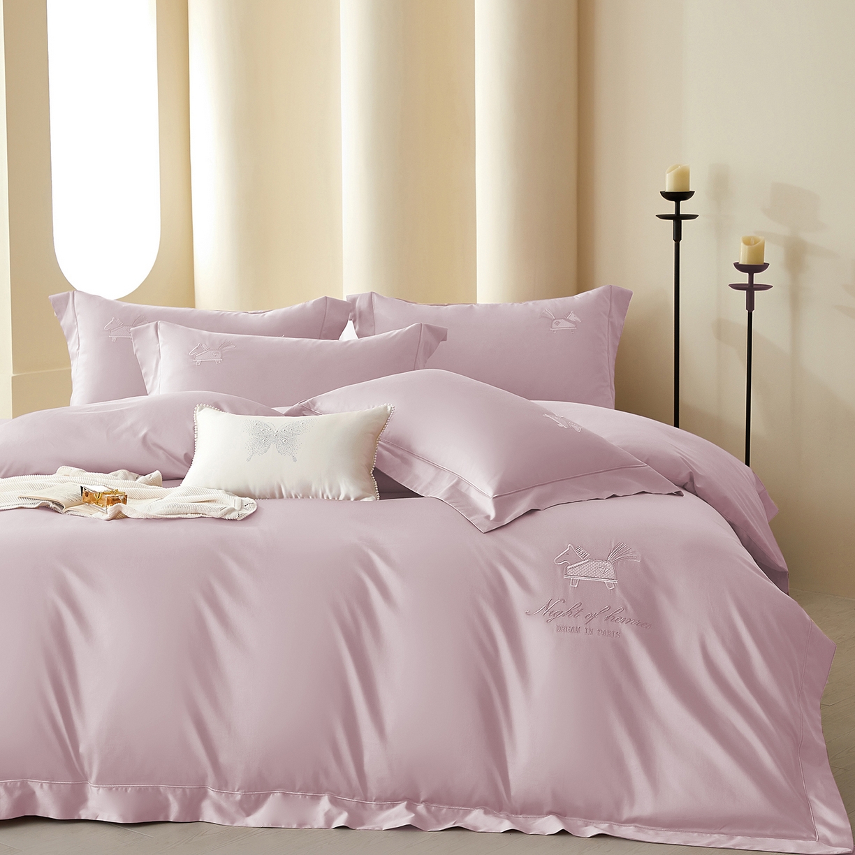 91家纺网 家纺一手货源 找家纺 蒂爵 2026新款高支数长绒棉纯棉刺绣四件套-马上有赚系列 粉豆沙