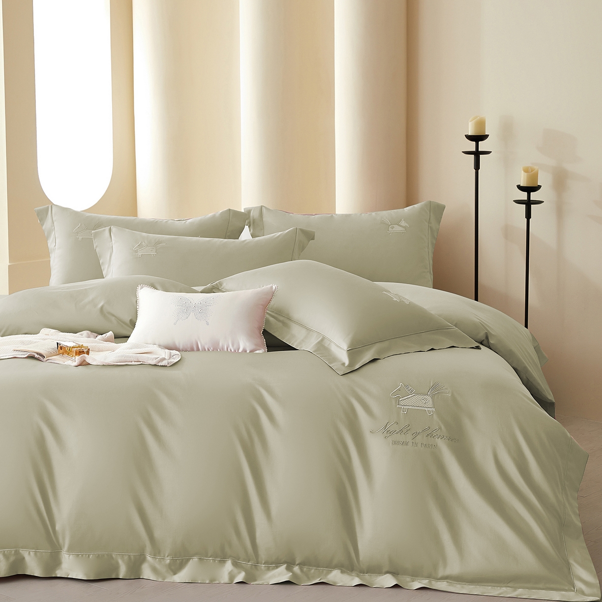 91家纺网 家纺一手货源 找家纺 蒂爵 2026新款高支数长绒棉纯棉刺绣四件套-马上有赚系列 艾草绿