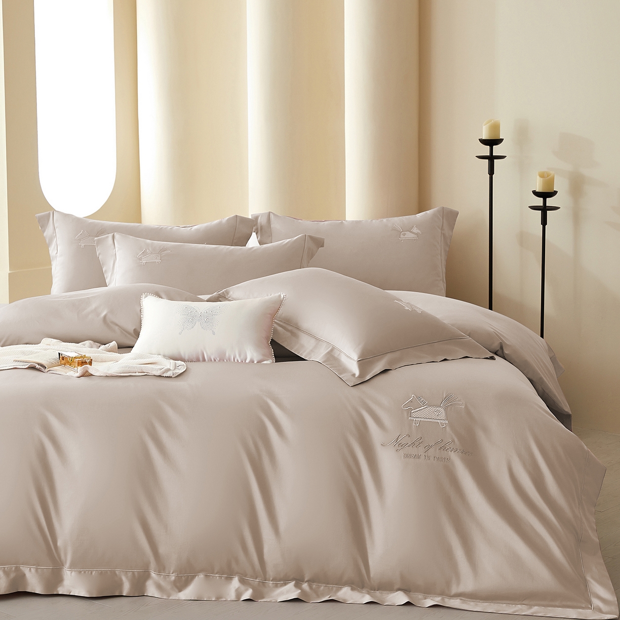 91家纺网 家纺一手货源 找家纺 蒂爵 2026新款高支数长绒棉纯棉刺绣四件套-马上有赚系列 浅卡其