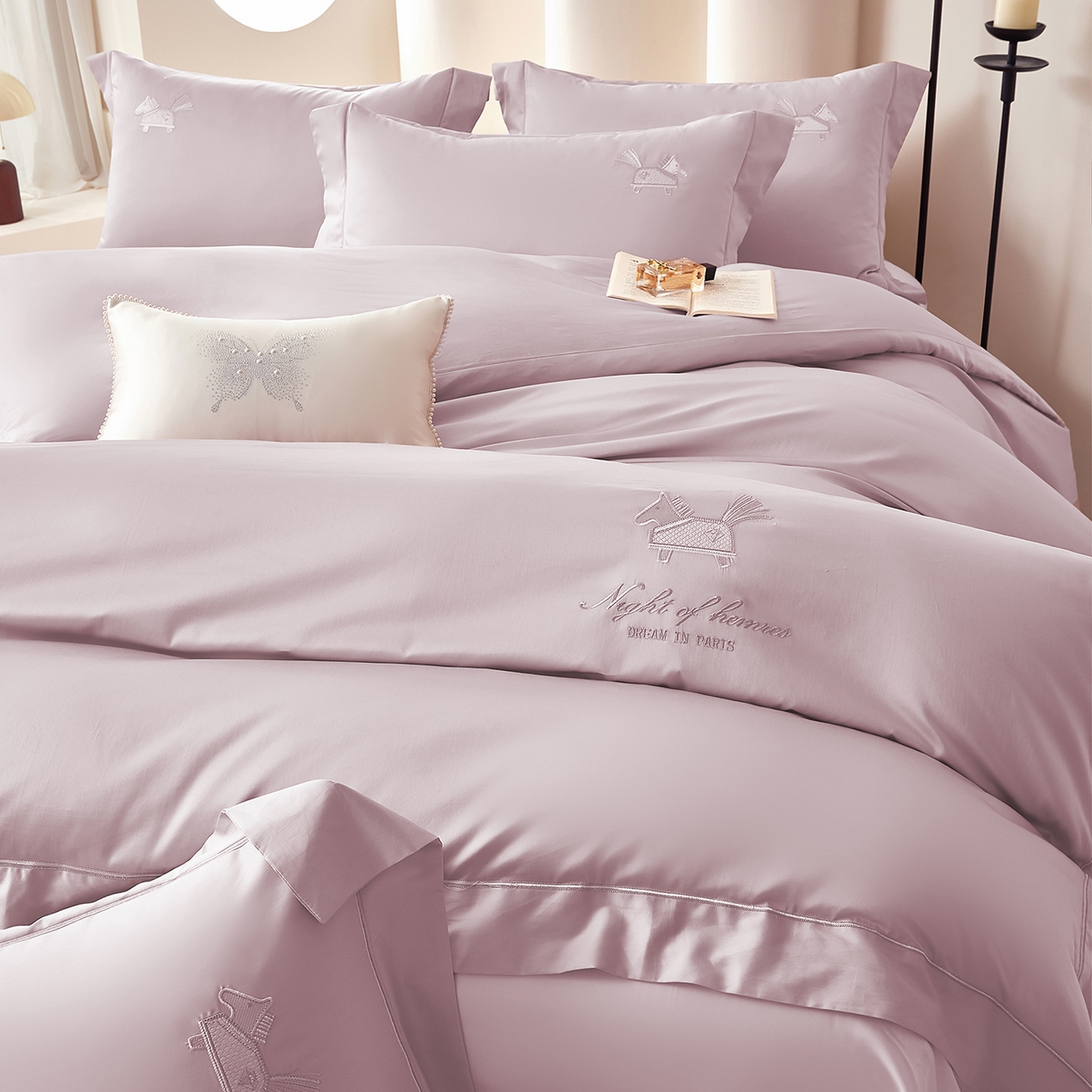 91家纺网 家纺一手货源 找家纺 蒂爵 2026新款高支数长绒棉纯棉刺绣四件套-马上有赚系列 粉豆沙