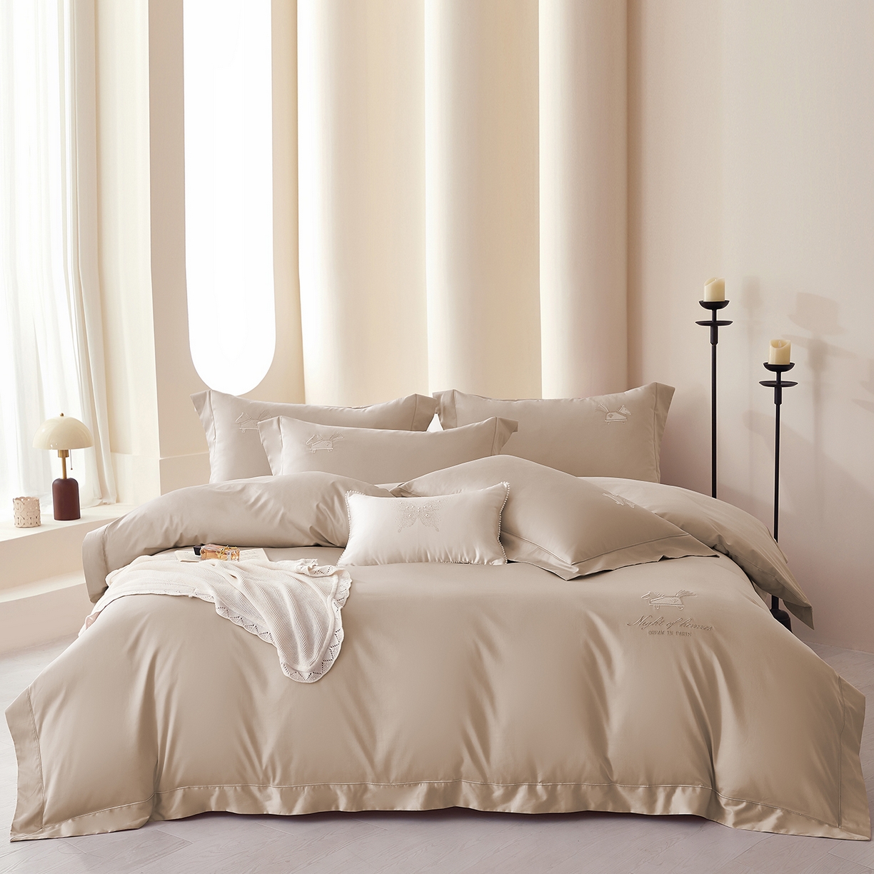 91家纺网 家纺一手货源 找家纺 蒂爵 2026新款高支数长绒棉纯棉刺绣四件套-马上有赚系列 浅卡其