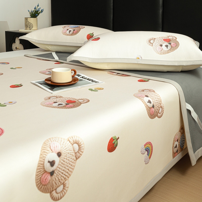 91家纺网 家纺一手货源 找家纺 富馨莱 2026新款高端竹纤维席子平铺款软凉席三件套夏季凉席席子 安利熊