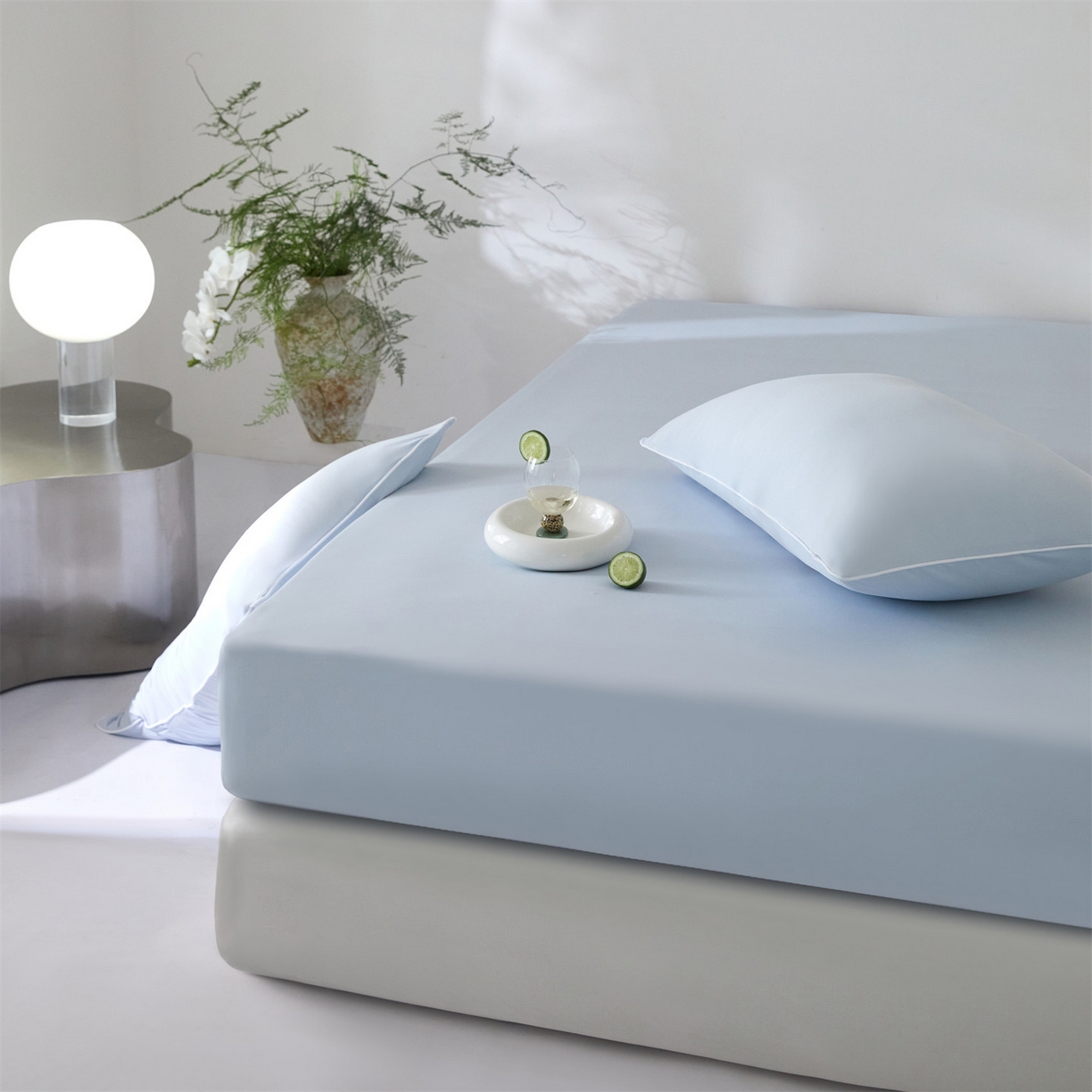 91家纺网 家纺一手货源 找家纺 头等舱  2026新款锦氨A类凉感（165克）床笠 某姆同款 蓝灰