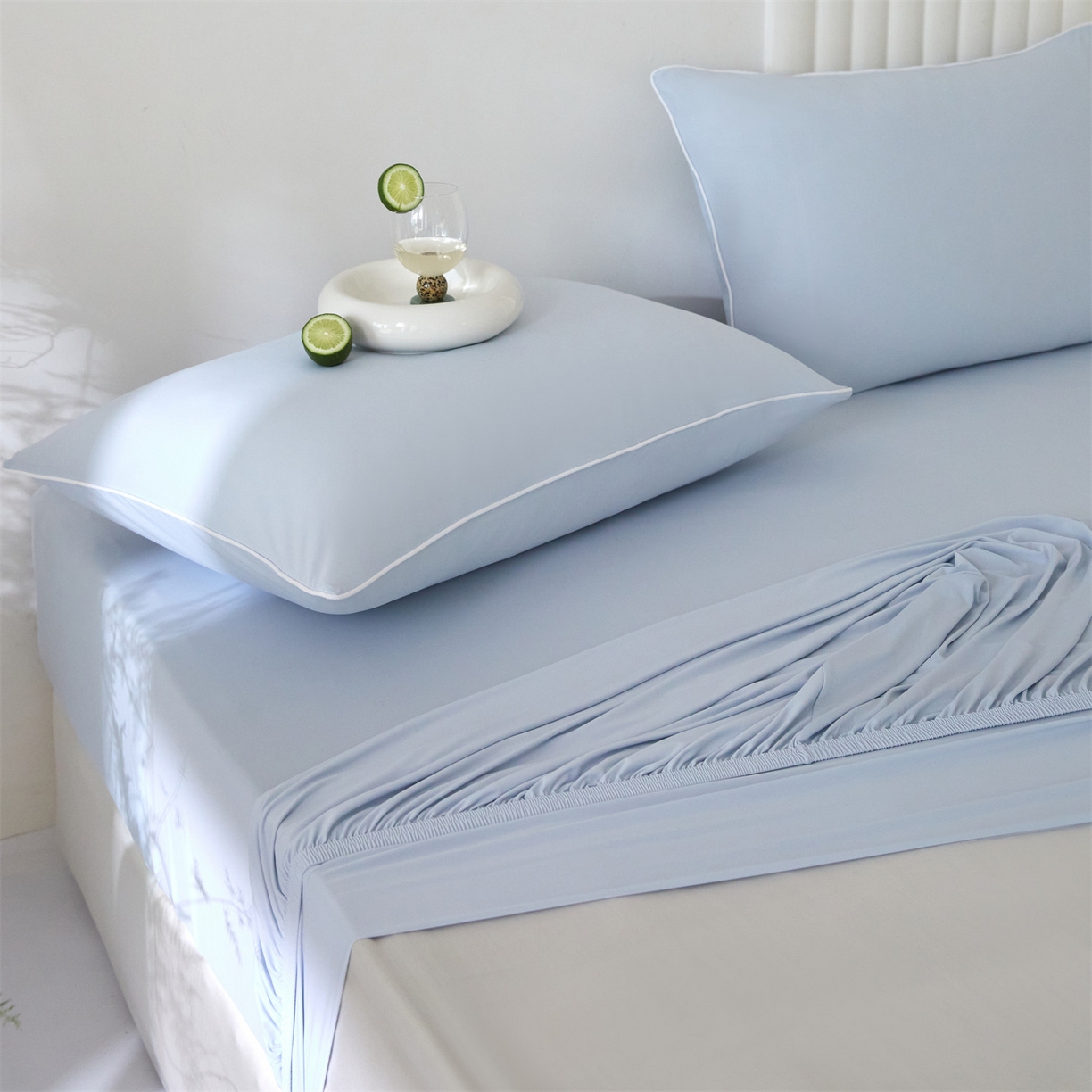 91家纺网 家纺一手货源 找家纺 头等舱  2026新款锦氨A类凉感（165克）床笠 某姆同款 蓝灰