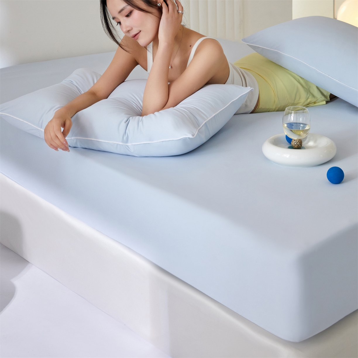 91家纺网 家纺一手货源 找家纺 头等舱  2026新款锦氨A类凉感（165克）床笠 某姆同款	 蓝灰