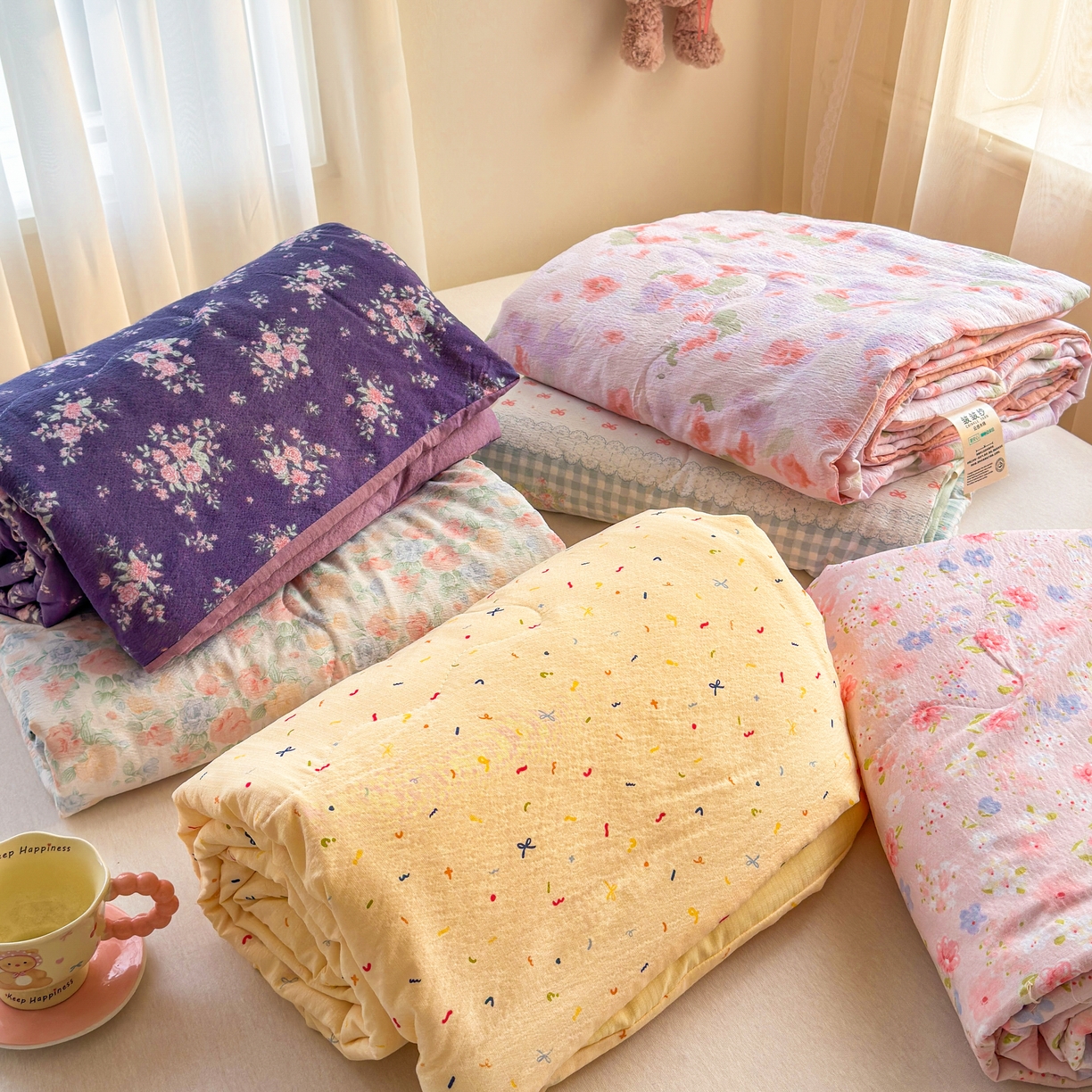 91家纺网 家纺一手货源 找家纺 梵希雅 2026新款A类木棉皱皱纱夏被 组合图