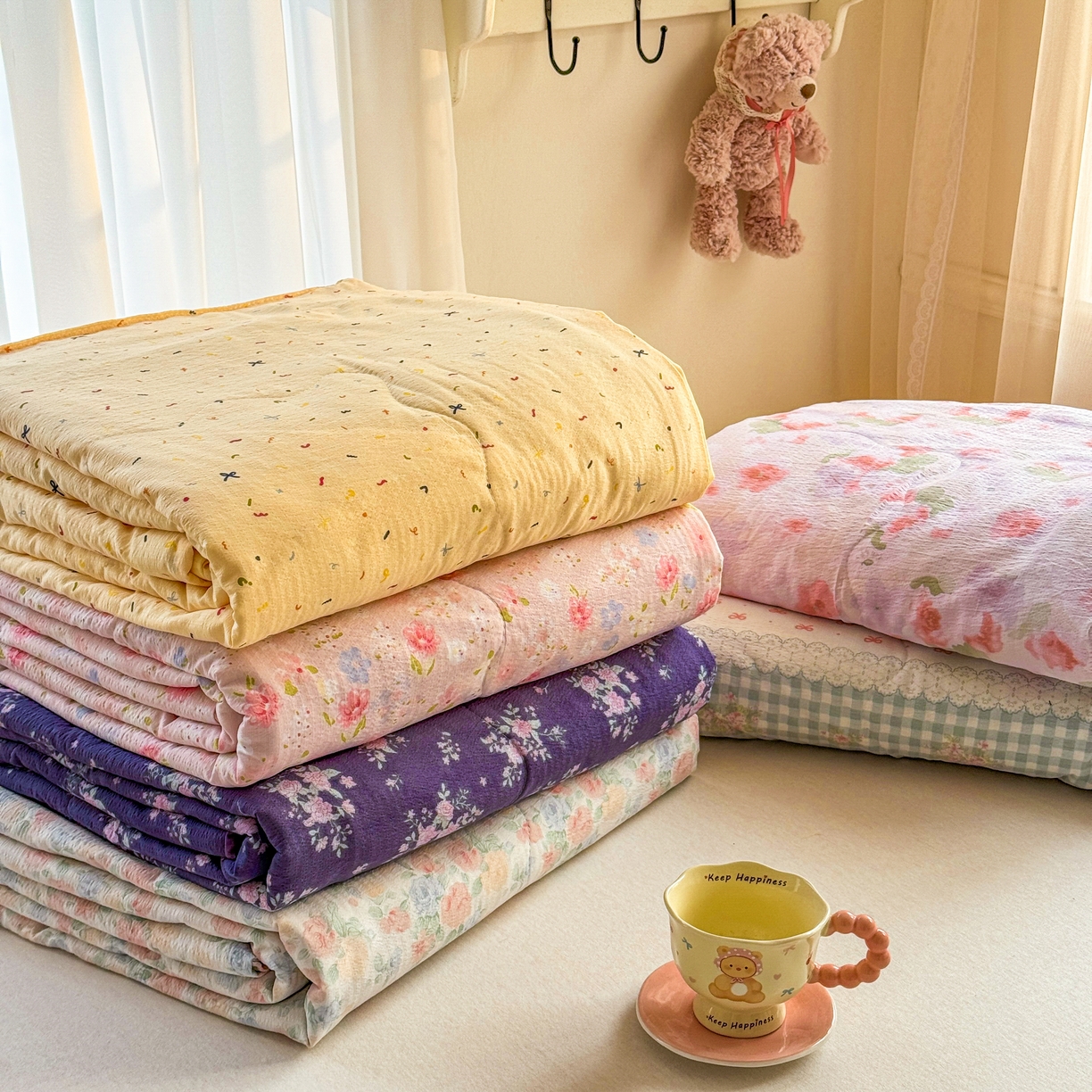 91家纺网 家纺一手货源 找家纺 梵希雅 2026新款A类木棉皱皱纱夏被 组合图