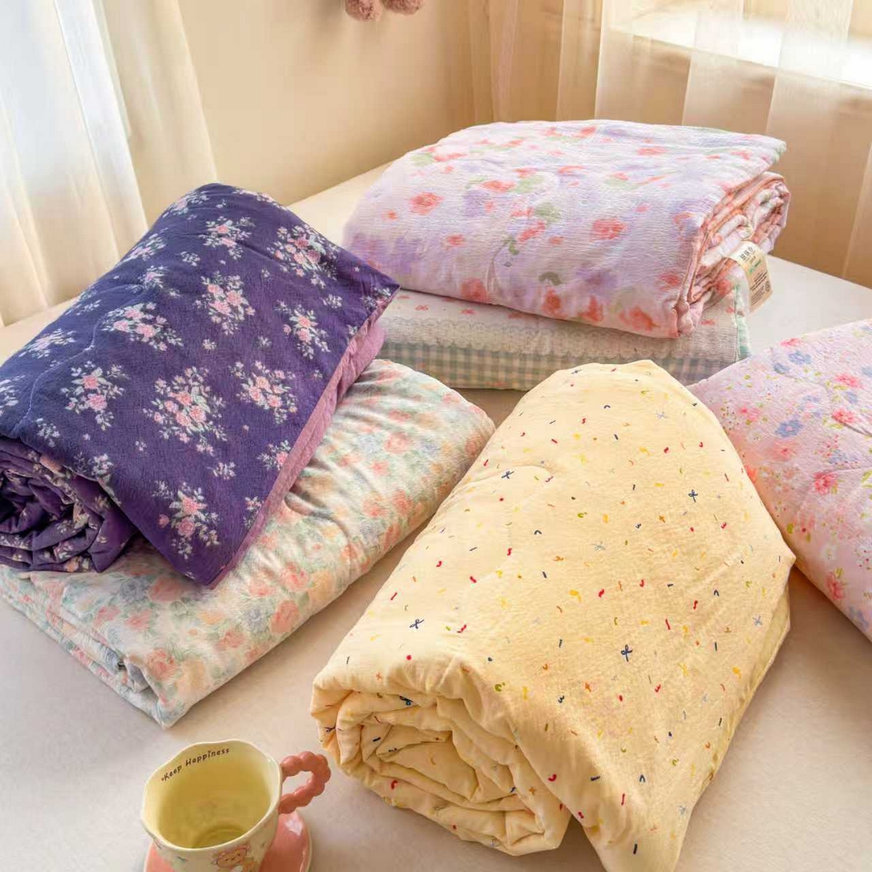 91家纺网 家纺一手货源 找家纺 梵希雅 2026新款A类木棉皱皱纱夏被 组合图