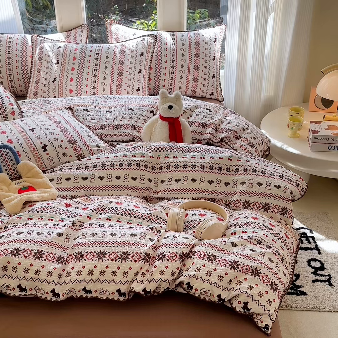 91家纺网 家纺一手货源 找家纺 （总）梵希雅 2026新款费尔岛风贝壳边泡芙棉四件套床单被套宿舍三件套单品