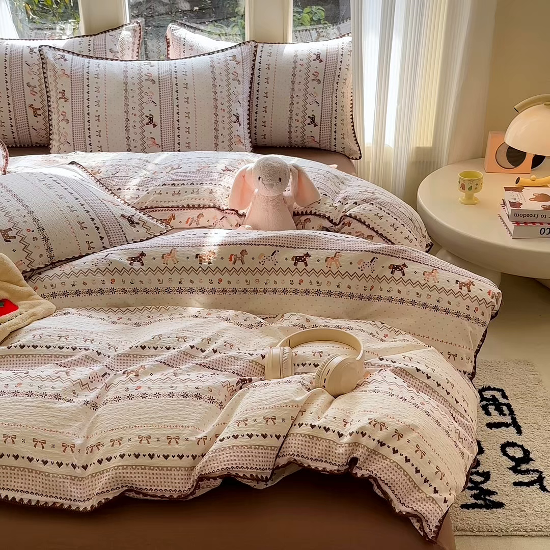 91家纺网 家纺一手货源 找家纺 梵希雅 2026新款费尔岛风贝壳边泡芙棉四件套床单被套宿舍三件套单品 焦糖木马