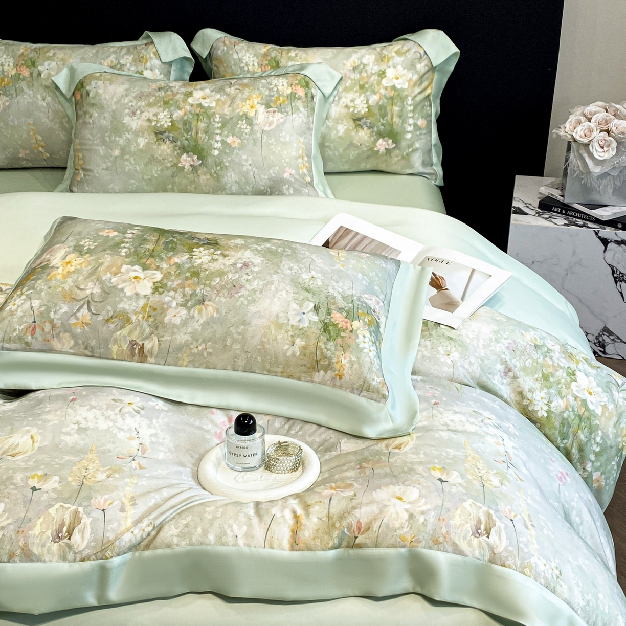 91家纺网 家纺一手货源 找家纺 博纳家纺 2026新款数码印花天丝宽边四件套 半夏