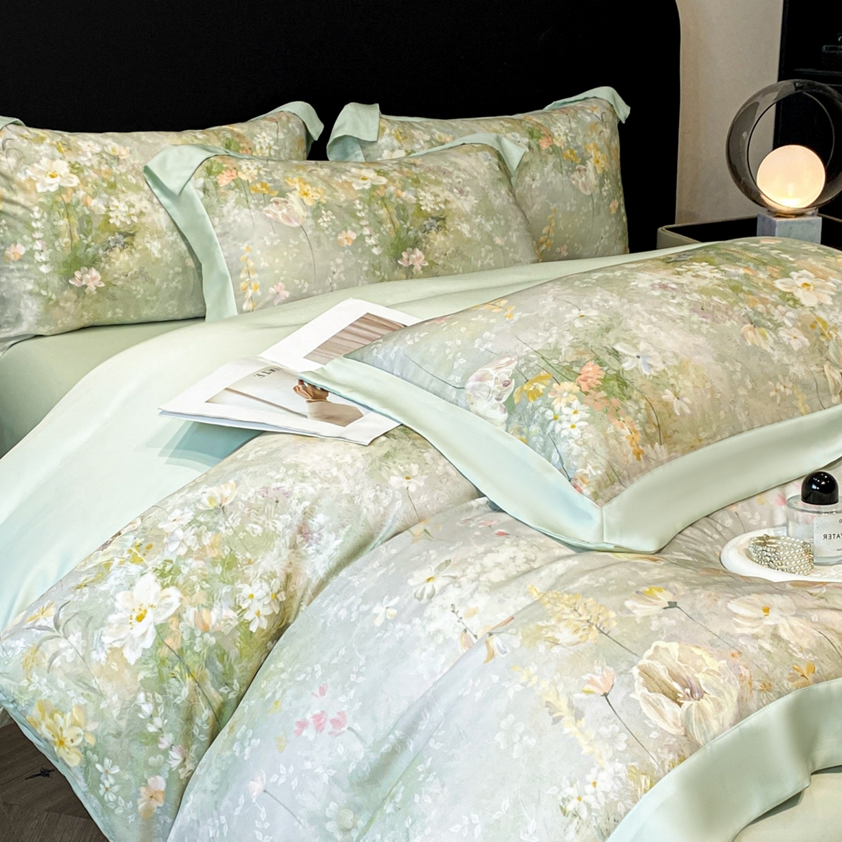 91家纺网 家纺一手货源 找家纺 博纳家纺 2026新款数码印花天丝宽边四件套 半夏