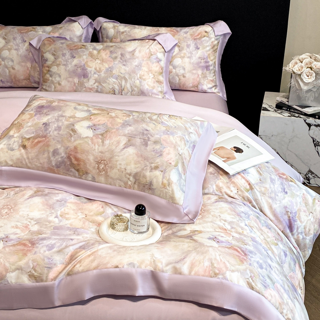 91家纺网 家纺一手货源 找家纺 博纳家纺 2026新款数码印花天丝宽边四件套 卡罗拉