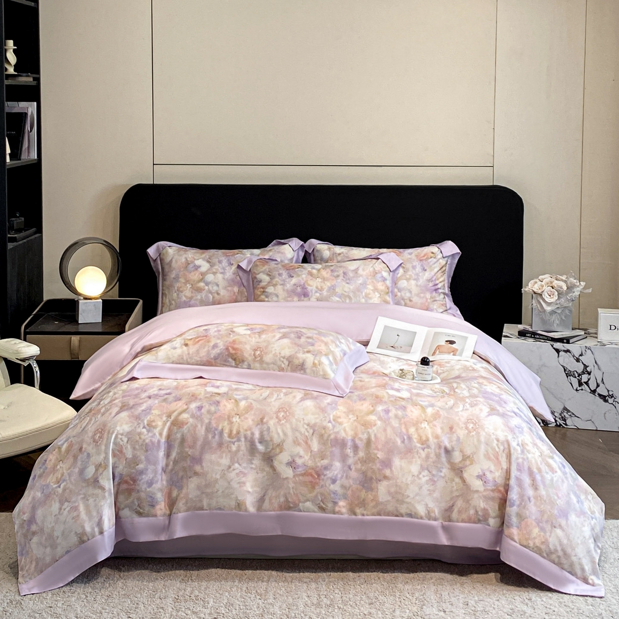 91家纺网 家纺一手货源 找家纺 博纳家纺 2026新款数码印花天丝宽边四件套 卡罗拉