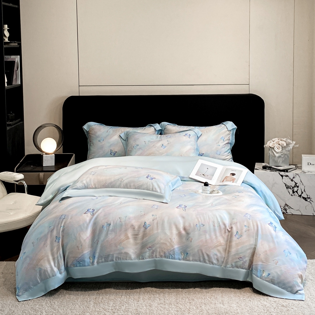 91家纺网 家纺一手货源 找家纺 博纳家纺 2026新款数码印花天丝宽边四件套 流光-天蓝