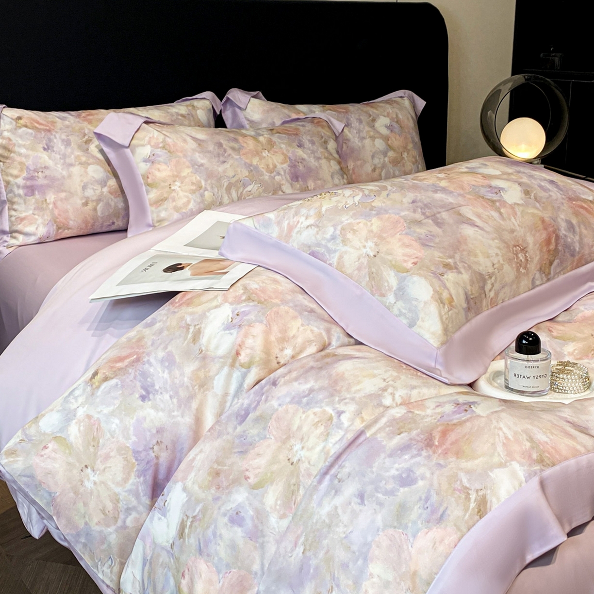 91家纺网 家纺一手货源 找家纺 博纳家纺 2026新款数码印花天丝宽边四件套 卡罗拉