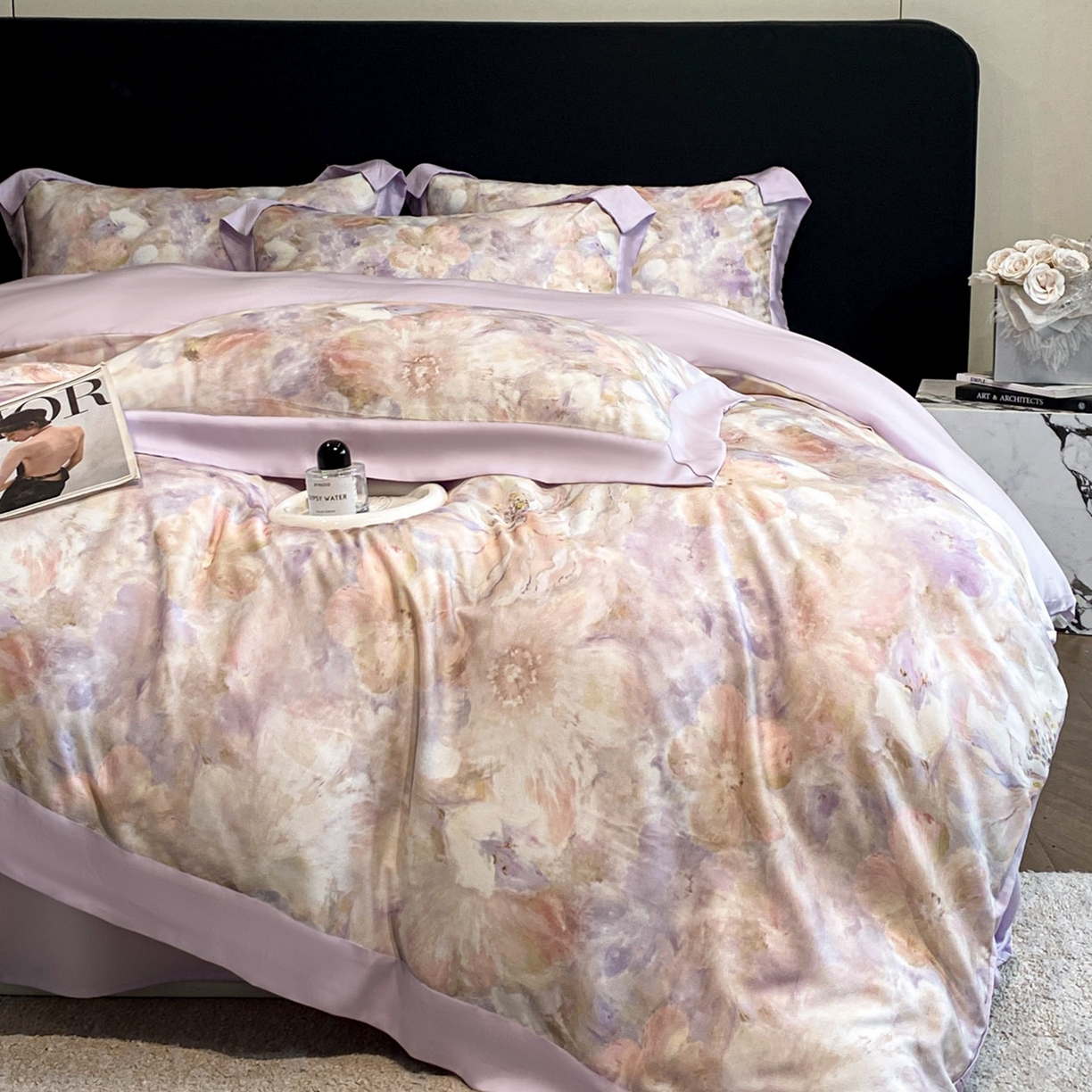 91家纺网 家纺一手货源 找家纺 博纳家纺 2026新款数码印花天丝宽边四件套 卡罗拉