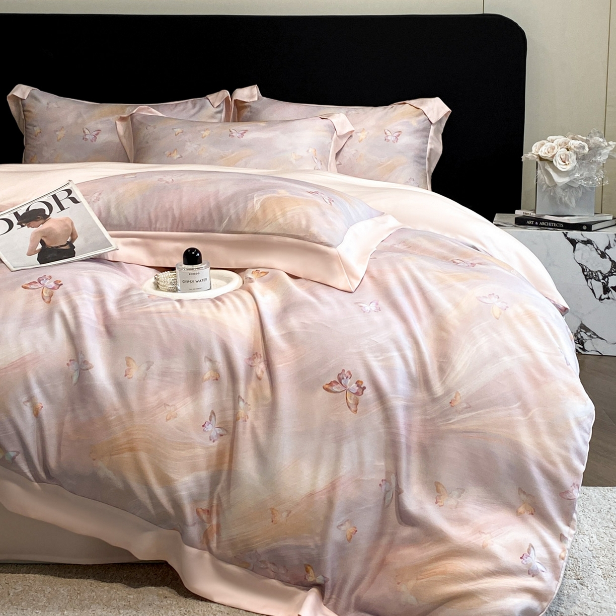 91家纺网 家纺一手货源 找家纺 博纳家纺 2026新款数码印花天丝宽边四件套 流光-粉