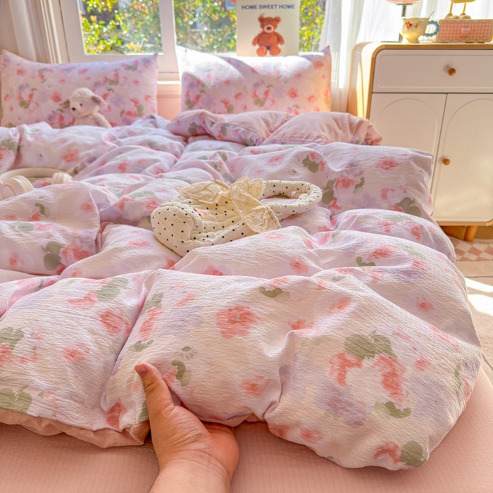 91家纺网 家纺一手货源 找家纺 梵希雅 2026新款A类木棉皱皱纱四件套 蜜桃花田