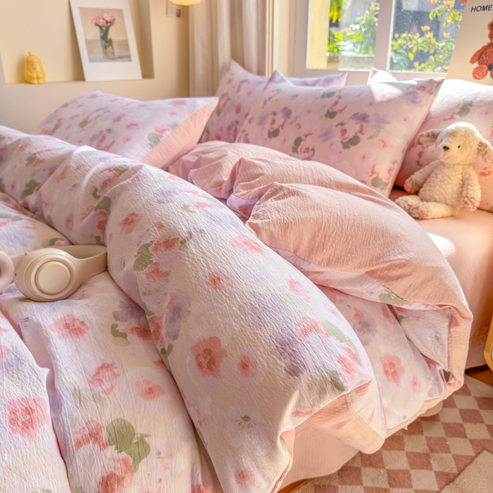 91家纺网 家纺一手货源 找家纺 梵希雅 2026新款A类木棉皱皱纱四件套 蜜桃花田