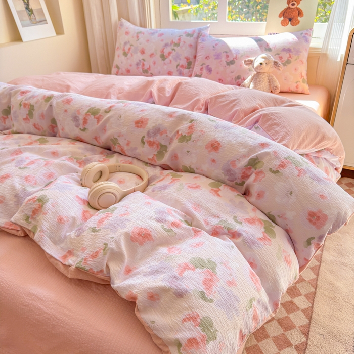 91家纺网 家纺一手货源 找家纺 梵希雅 2026新款A类木棉皱皱纱四件套 蜜桃花田