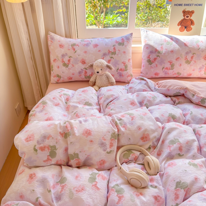 91家纺网 家纺一手货源 找家纺 梵希雅 2026新款A类木棉皱皱纱四件套 蜜桃花田