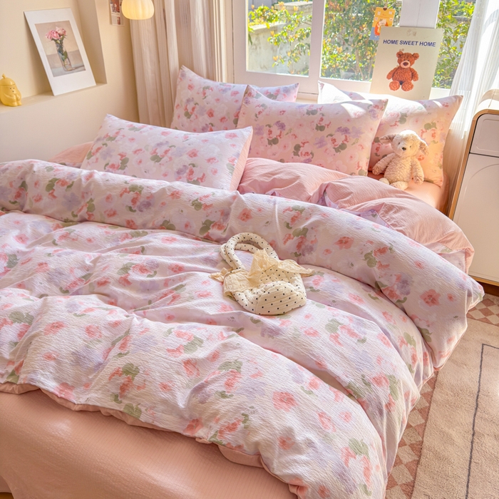 91家纺网 家纺一手货源 找家纺 梵希雅 2026新款A类木棉皱皱纱四件套 蜜桃花田