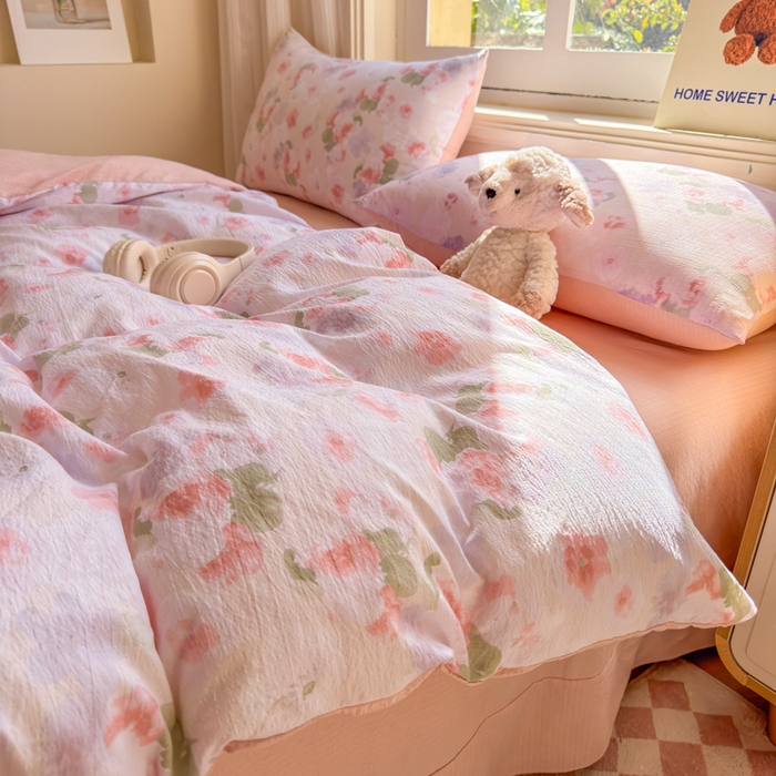 91家纺网 家纺一手货源 找家纺 梵希雅 2026新款A类木棉皱皱纱四件套 蜜桃花田