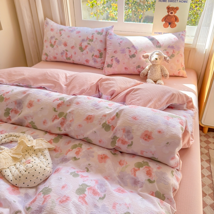 91家纺网 家纺一手货源 找家纺 梵希雅 2026新款A类木棉皱皱纱四件套 蜜桃花田