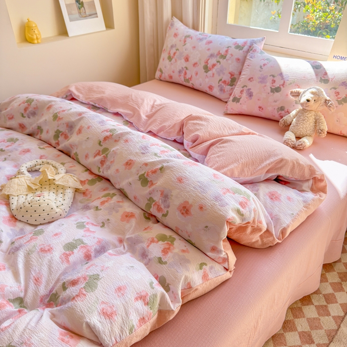 91家纺网 家纺一手货源 找家纺 梵希雅 2026新款A类木棉皱皱纱四件套 蜜桃花田