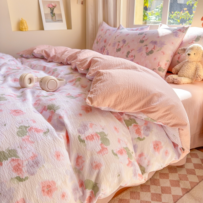 91家纺网 家纺一手货源 找家纺 梵希雅 2026新款A类木棉皱皱纱四件套 蜜桃花田