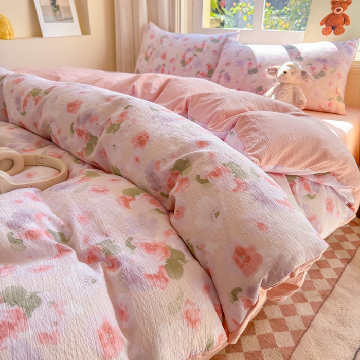 91家纺网 家纺一手货源 找家纺 梵希雅 2026新款A类木棉皱皱纱四件套 蜜桃花田