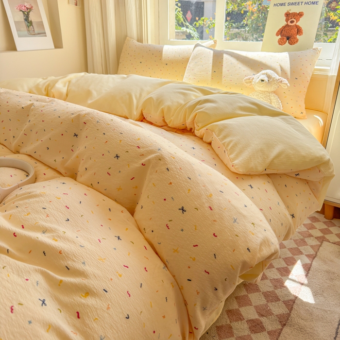 91家纺网 家纺一手货源 找家纺 梵希雅 2026新款A类木棉皱皱纱四件套 奶油彩糖