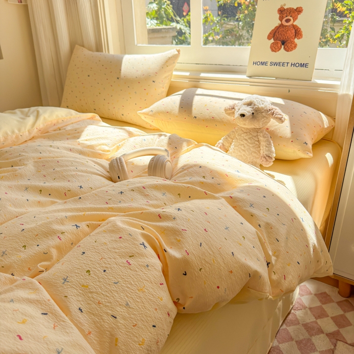 91家纺网 家纺一手货源 找家纺 梵希雅 2026新款A类木棉皱皱纱四件套 奶油彩糖