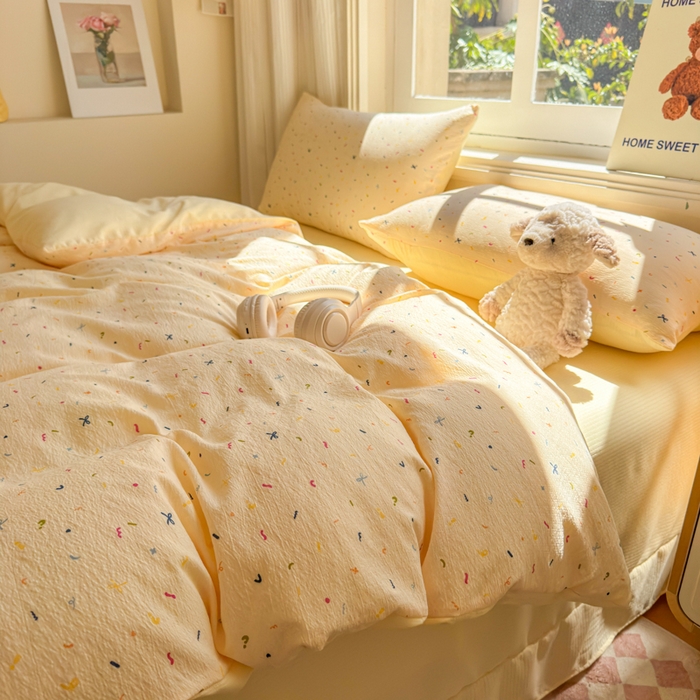 91家纺网 家纺一手货源 找家纺 梵希雅 2026新款A类木棉皱皱纱四件套 奶油彩糖