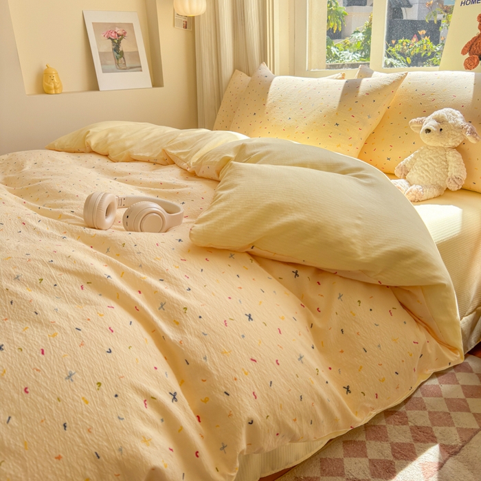 91家纺网 家纺一手货源 找家纺 梵希雅 2026新款A类木棉皱皱纱四件套 奶油彩糖