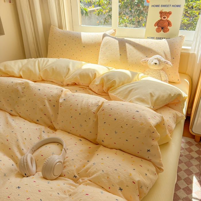 91家纺网 家纺一手货源 找家纺 梵希雅 2026新款A类木棉皱皱纱四件套 奶油彩糖