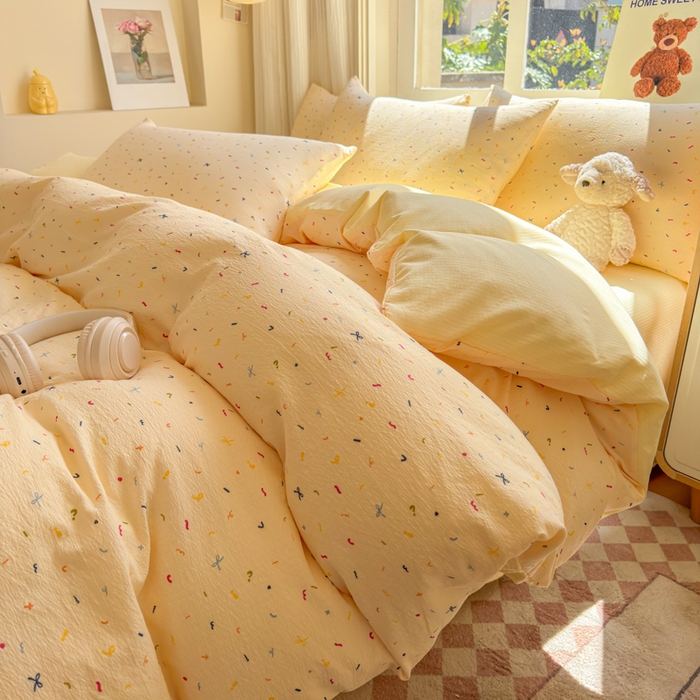 91家纺网 家纺一手货源 找家纺 梵希雅 2026新款A类木棉皱皱纱四件套 奶油彩糖