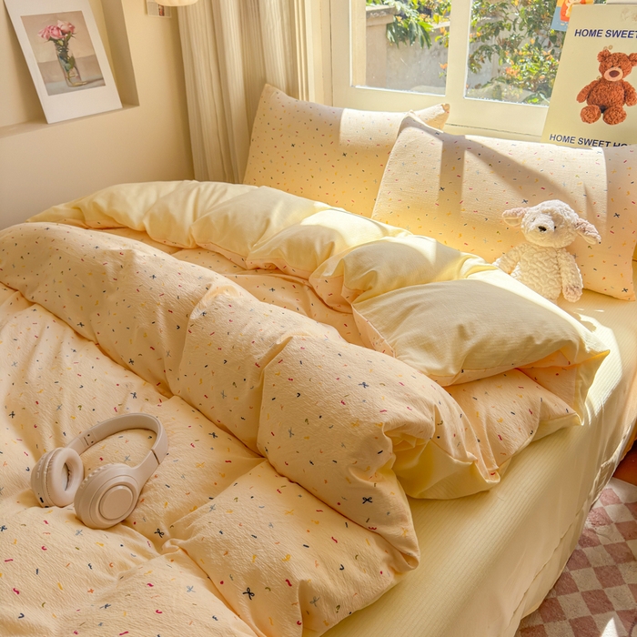 91家纺网 家纺一手货源 找家纺 梵希雅 2026新款A类木棉皱皱纱四件套 奶油彩糖