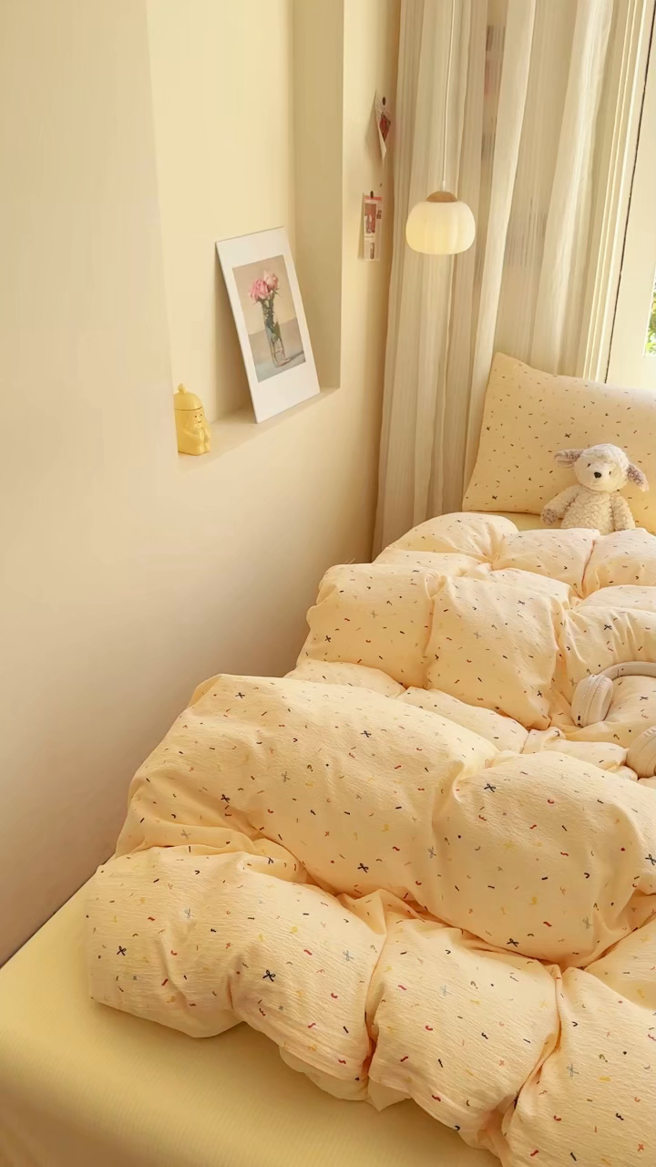 91家纺网 家纺一手货源 找家纺 梵希雅 2026新款A类木棉皱皱纱四件套 奶油彩糖