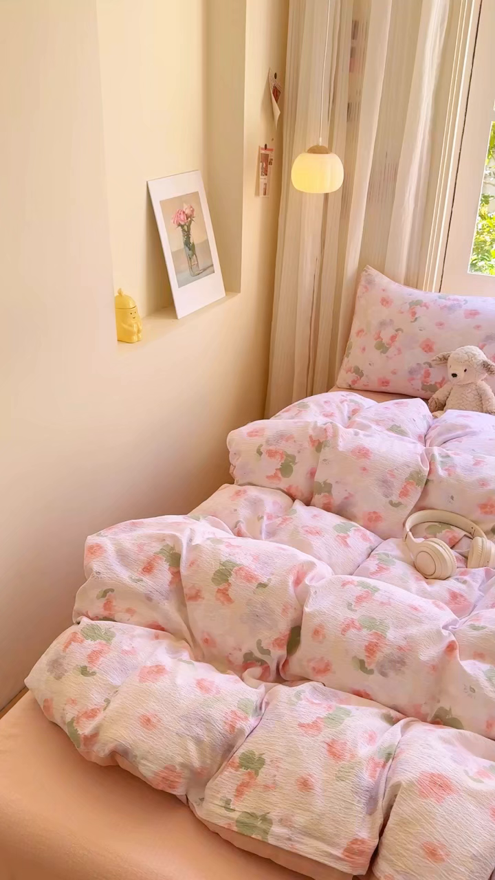 91家纺网 家纺一手货源 找家纺 梵希雅 2026新款A类木棉皱皱纱四件套 蜜桃花田