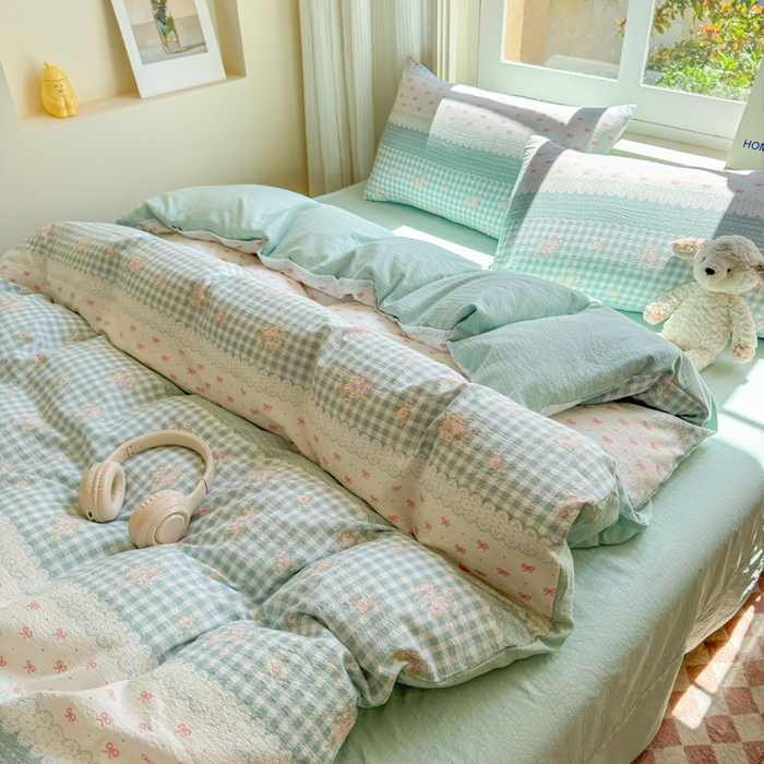 91家纺网 家纺一手货源 找家纺 梵希雅 2026新款A类木棉皱皱纱四件套 青格花信