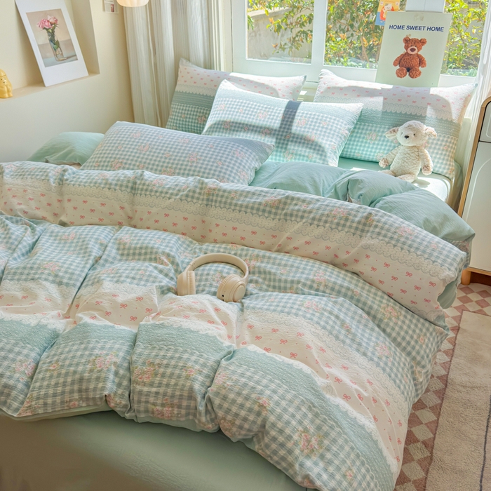 91家纺网 家纺一手货源 找家纺 梵希雅 2026新款A类木棉皱皱纱四件套 青格花信