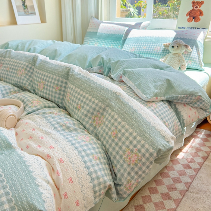 91家纺网 家纺一手货源 找家纺 梵希雅 2026新款A类木棉皱皱纱四件套 青格花信