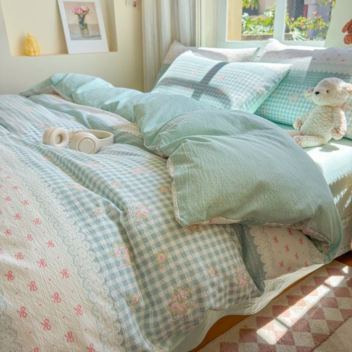 91家纺网 家纺一手货源 找家纺 梵希雅 2026新款A类木棉皱皱纱四件套 青格花信