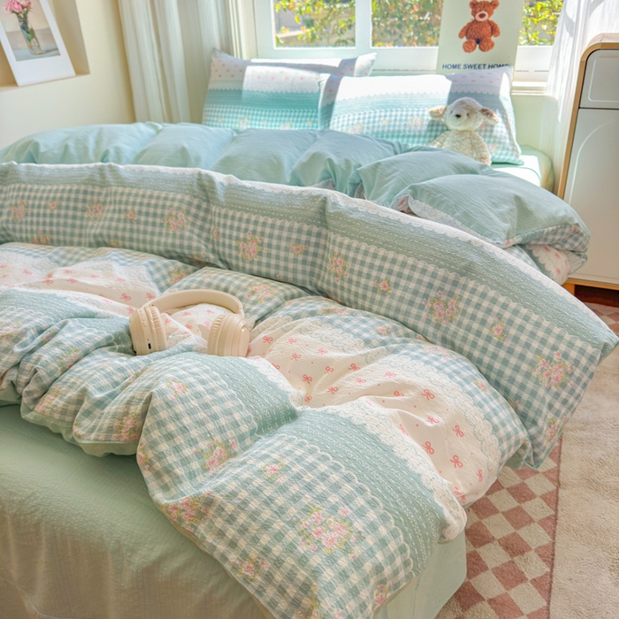 91家纺网 家纺一手货源 找家纺 梵希雅 2026新款A类木棉皱皱纱四件套 青格花信