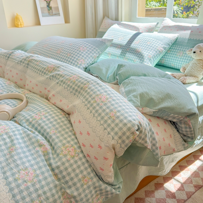 91家纺网 家纺一手货源 找家纺 梵希雅 2026新款A类木棉皱皱纱四件套 青格花信