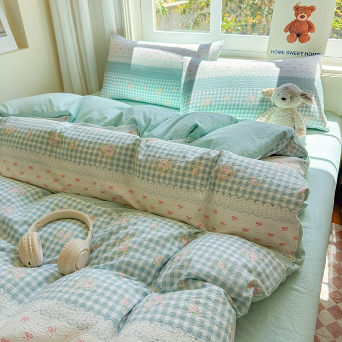 91家纺网 家纺一手货源 找家纺 梵希雅 2026新款A类木棉皱皱纱四件套 青格花信